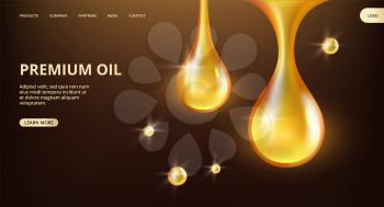 Essential oil landing page. Vector shine flowing drops web banner. Premium oil, petrol banner template. Illustration of petrol realistic oil, liquid droplet