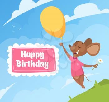Birthday invitation card. Funny little characters mouse celebration kids party vector template birthday placard. Illustration birthday, celebrate card greeting