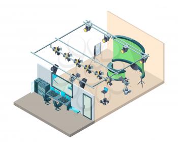Tv studio interior. Television production room with professional equipment video cameras flashes softboxes tripod vector isometric. Tv professional production, video television illustration