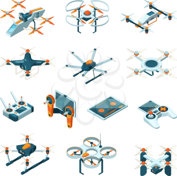 Drones. Aircraft innovation aerial technique vector aviation pictures isometric. Innovation drone control, remote equipment flight illustration