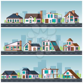 Villa landscape. Residential townhouse living houses neighborhoods vector urban illustration. House apartment construction, suburban district