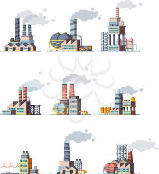 Factory buildings. Industrial urban power constructions with pipelines vector factory flat pictures. Illustration building factory manufacture, station manufacturing