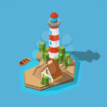 Lighthouse isometric. Sea ocean boat beach small island with navigation lighthouse and building vector picture. Illustration of lighthouse in ocean, house building tower navigation