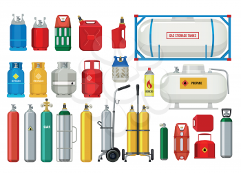 Propane tanks. Gas safety ballons dangerous oxygen or propane vector illustrations. Oxygen and propane, gas cylinder with valve