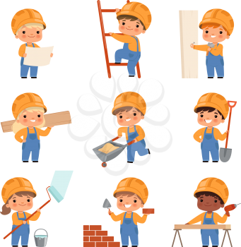 Little builders. Childrens with construction tools making job working builders in yellow helmet vector characters. Little builder making jo with tools illustration