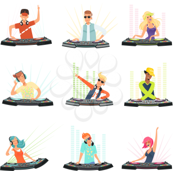 Dj characters. Male and female party musicians in headphones for event music record console vector people. Dj music party, musician in headphones illustration