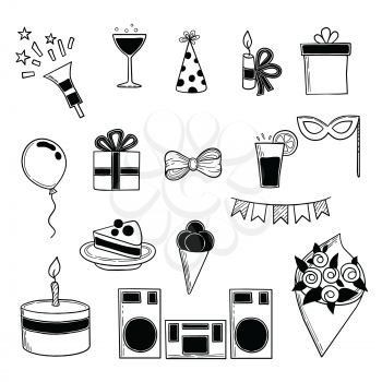 Party icons. Events birthday celebrating symbols sweets hat salute cakes drinks vector doodle collection. Celebration birthday with cake and gift, music and drink