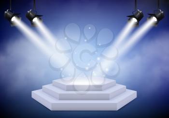 Award podium. Empty trophy event stage with stairs projector lighting and fog vector realistic background. Illustration of pedestal and podium, platform empty light, show illuminated