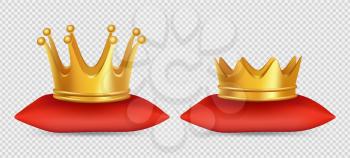 Realistic gold crowns. Vector king and queen crowns on red pillow isolated on transparent background. Illustration of gold crown 3d, kingdom royal, emperor coronation