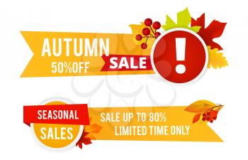 Autumn sale flyers. Seasonal sale vector banners with color leaves. Season fall sale, advertising special autumnal shopping illustration