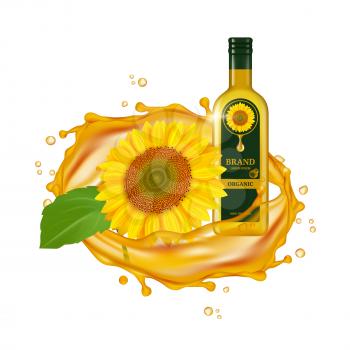 Realistic sunflower oil. Vector oil drops and yellow flower with green leaf. Glass bottle and sunflower. Drop oil sunflower, wave organic illustration