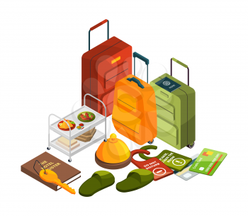 Isometric hotel elements. Vector all inclusive concept. Travel, tourism industry illustration. Hotel vacation, luggage isometric and reservation service