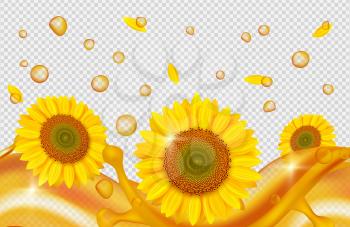 Sunflower oil realistic. Golden drops, oil waves, sunflowers vector. Sunflower and drop splash oil, natural organic illustration