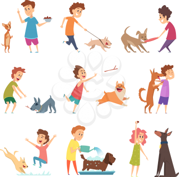 Pets and kids. Happy little puppy dogs and their owners hugging playing smiling feeding vector animals. Illustration feeding and walking dog, funny and adorable pets