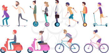 People city transport. Crowded urban transportation electric scooter vehicle movement bike roller cars skate vector cartoon. Illustration scooter and skate roller, moped and unicycle