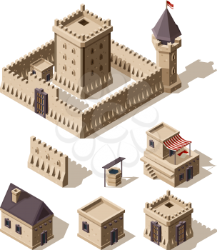 Castles isometric. Medieval historical cartoon architecture buildings ancient farm houses vector castles. Castle and farm house, medieval building 3d illustration