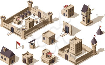 Medieval buildings. Ancient architectural objects village and castles vector isometric for games. Illustration medieval town and city building, wall and fortress