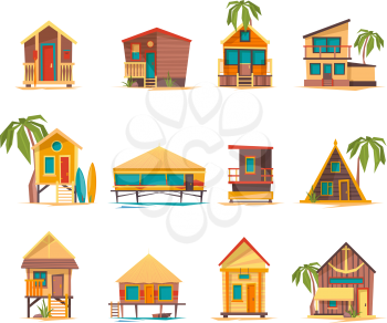 Beach houses. Funny buildings for summer vacation tropical bungalow cabins and constructions vector. Summer vacation bungalow, tourism building on sea coast illustration