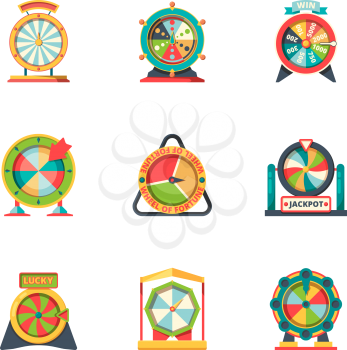 Wheel fortune. Lucky circle symbols roulette casino gambling game vector fortune icons flat style. Jackpot lucky wheel fortune, lottery roulette game illustration