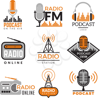 Radio logo. Podcast towers wireless badges radio station symbols vector collection. Illustration wireless radio station emblem
