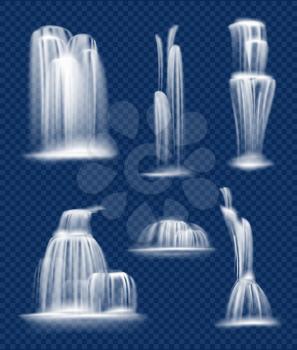 Waterfall flowing. Fresh clean and transparent water cascade falls splashes and drops vector nature realistic collection. Illustration waterfall aqua, water drop transparent
