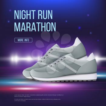Sport shoes poster. Run sneakers modern trendy colored footwear advertising placard vector realistic template. Illustration running night marathon, poster training illuminated