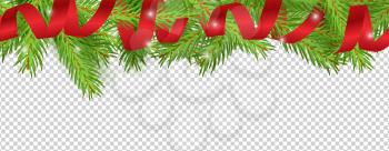 Christmas banner. Red ribbon, Christmas tree branches vector background. Holidays border design. Illustration christmas decoration, pine branch with red ribbon