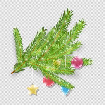 Christmas decoration. Green christmas tree branches with glass balls. Vector winter holiday element. Illustration decoration green christmas twig with colored ball glass