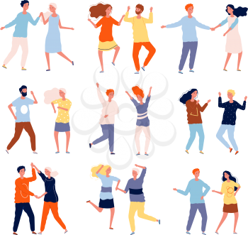 Dancing couples. Funny people male and female crowd dancing tango salsa chacha vector happy characters collection. Woman and man happy dance together, disco party illustration