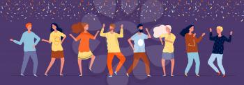 Happy dancers. Night party people dancing under confetti corporate holiday vector pictures. Illustration dancer happy, dance crowd man and woman