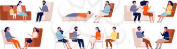 Psychologist. Group therapy couch talking medical consultant sitting family consulting vector characters. Professional psychotherapy talking, psychology counseling illustration
