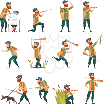 Hunters. Sniper outdoor human with weapons duck hunting in action poses vector characters. Huntsman character with equipment, recreation shooting, hobby illustration