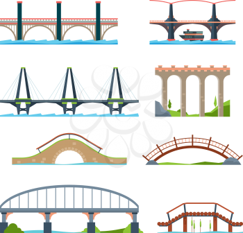 Bridges flat. Architectural urban objects bridge with column or aqueduct beam vector pictures. Illustration road building viaduct and bridge woth column