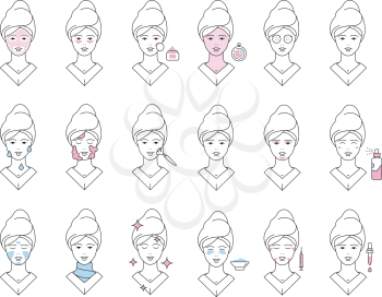 Skin care. Face mask facial protection foam spa girl makeup exfoliating vector icons collection. Illustration beauty and care skin