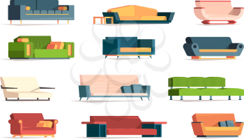 Soft furniture. Divan fabric couch simple set front view interior furniture armchairs vector flat pictures. Illustration soft sofa interior, divan and couch furniture with pillow