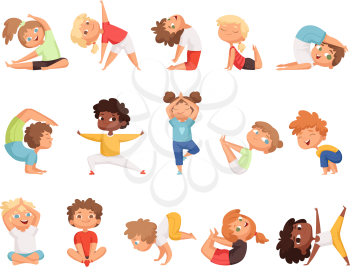 Yoga kids. Children making exercises in different poses healthy sport vector cartoon characters. Yoga exercise boy and girl pose illustration