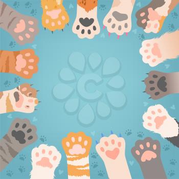 Cats paw background. Funny domestic kitten pets or wild animals different paws with claws vector illustrations. Paw cat with claw, animal wild kitty
