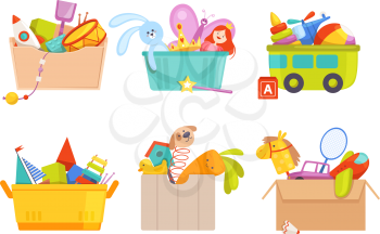 Toys box. Children toy cars rocket soccer bear gifts for kids vector packages collection. Toy box with rattle and machine, airplane and teddy illustration
