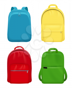 Backpack realistic. School bag personal leather travel luggage vector mockup objects. Illustration school backpack, bag and luggage