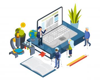 Accesible education. Online courses for elderly. Isometric old people, online education vector concept. Illustration old senior education, elderly person use computer