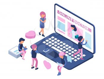 Online doctor concept. Internet medical consultation. Appointment to doctor online. Isometric people, healthcare vector illustration. Online diagnosis and consultation, medicine isometric consultant