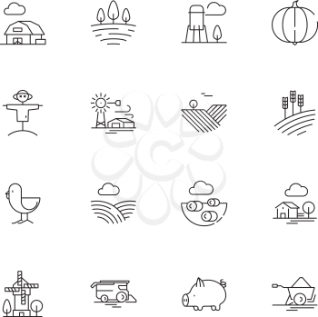 Farm icons. Agricultural objects agrarian farm fields landscape rural specific vehicle tractor vector thin line symbols. Illustration agrarian vehicle, agriculture farmland