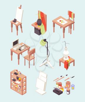 Art studio. Items for artists paints brushes with easels working tools for designers vector isometric collection. Studio art with easel and brush to hobby illustration