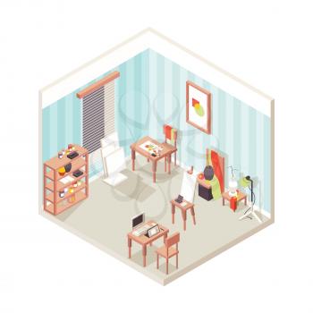 Artist studio interior. Painting place exhibition school for drawing designers inspirational studio vector isometric. Artist studio interior, room with art equipment painting illustration