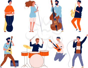 Music band characters. Rock group musicians singing and playing at instrument performing stage vector background. Rock concert, musical band, musician group performance illustration