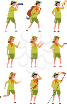 Kids scouts. Childrens specific uniform camping characters boys and girls vector characters. Scout uniform cartoon, happy teens adventure illustration