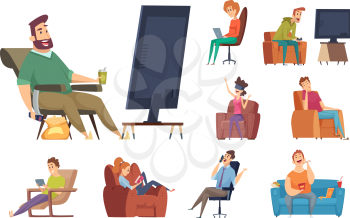 Sedentary characters. Lazy lifestyle people sitting reading chatting in smartphone watching tv unhealthy person with devices vector. Illustration lazy on sofa, relaxation person, cartoon human