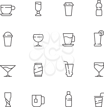 Drinks icon. Tea coffee water cold and hot drinks in cups and glasses vector symbols. Illustration hot tea and soda, water drink and coffee