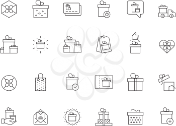 Gifts packages. Holiday boxes present icons with ribbons gifts cards offers vector symbols collection. Illustration gift present stroke, package holiday christmas