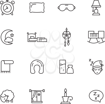 Sleep icon. Sheep insomnia clouds clocks rest sleeping symbols bed pillow vector linear pictures. Sleepless sheep, asleep comfort icons, mask and pillow illustration